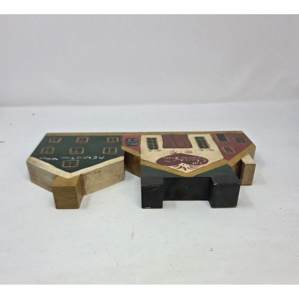 Vintage Miniature Wooden Village Hand Painted Folk Art Town Shelf Sitter Decor